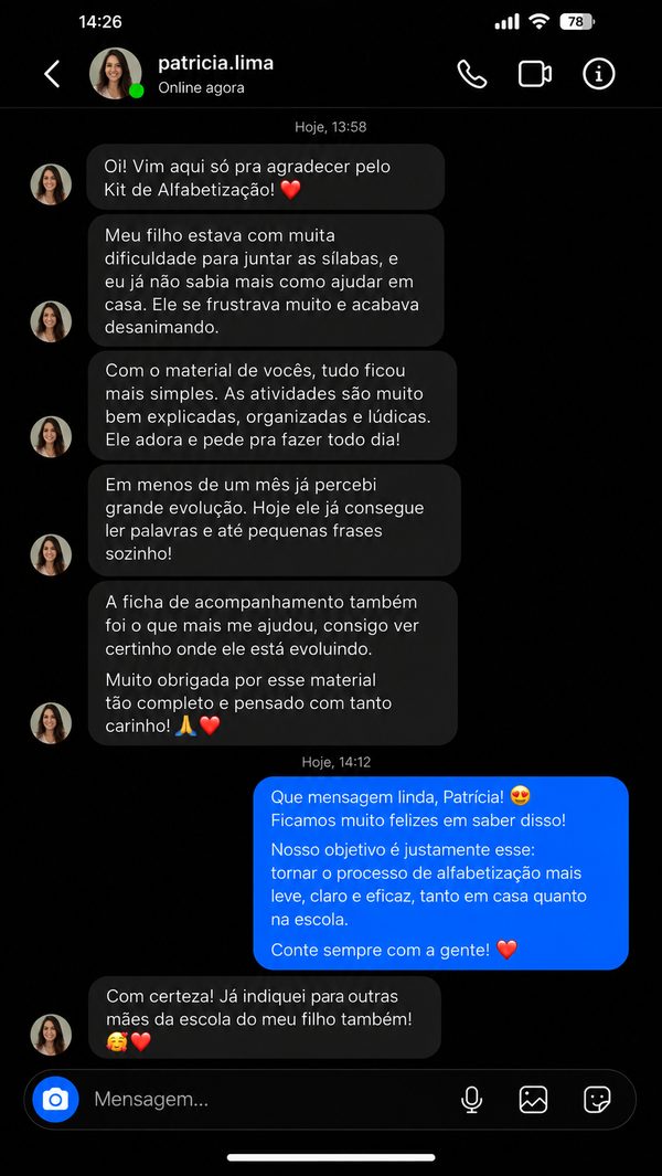 Depoimento de cliente 1 — Kit Alfabetização