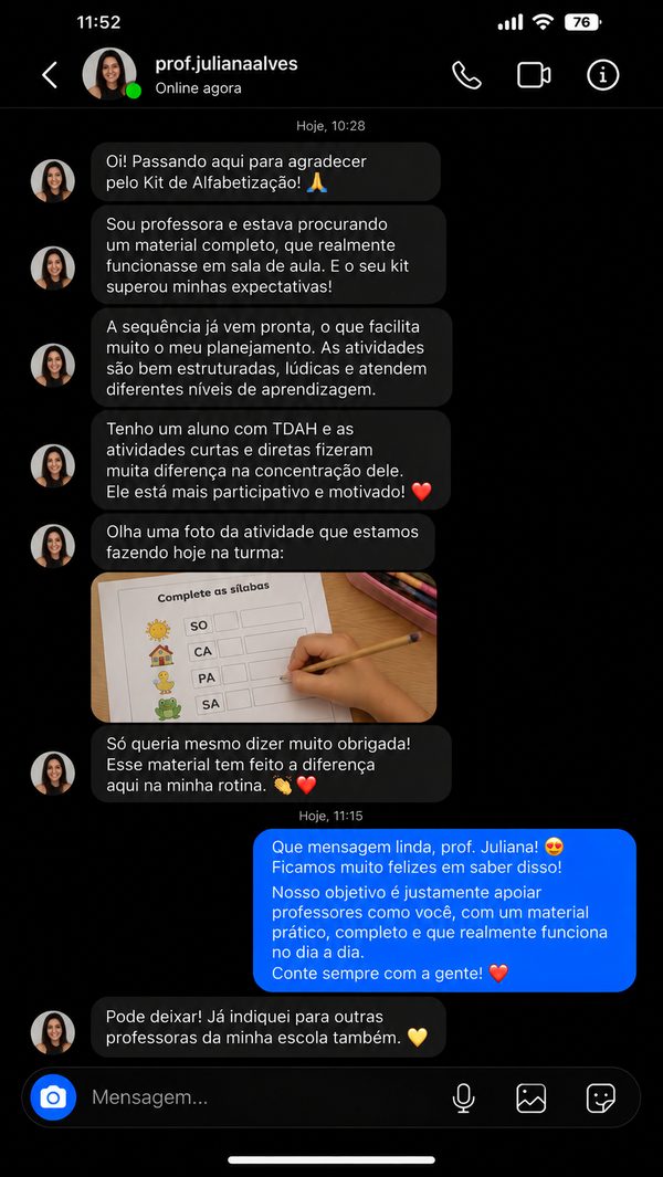 Depoimento de cliente 3 — Kit Alfabetização