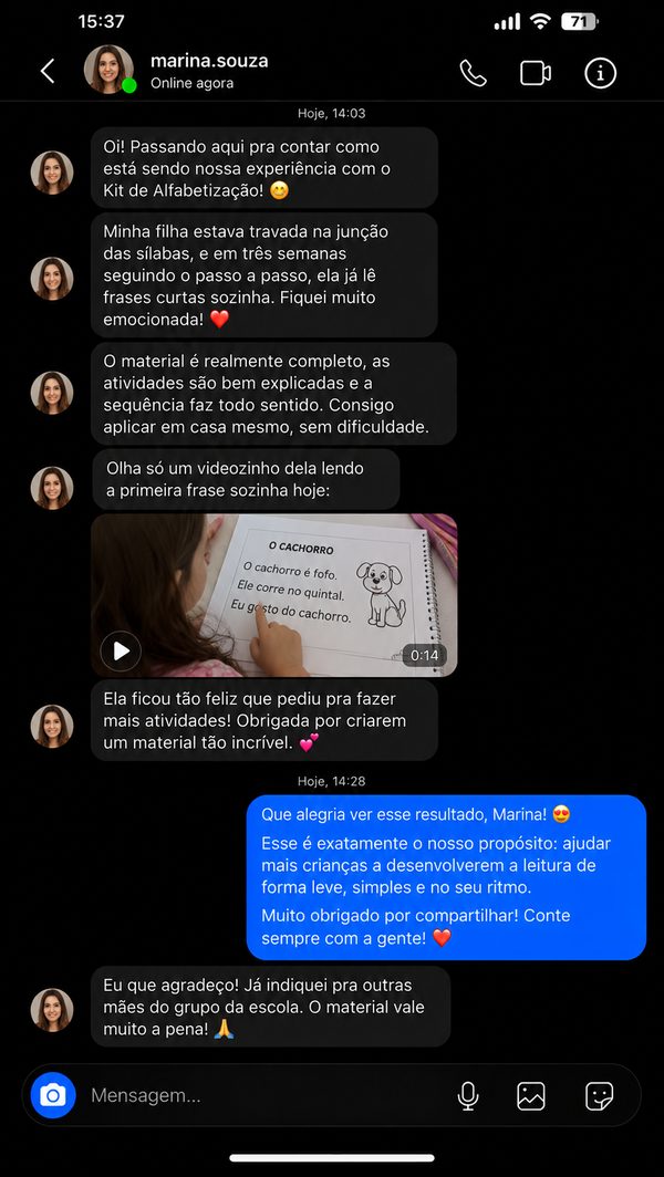 Depoimento de cliente 6 — Kit Alfabetização