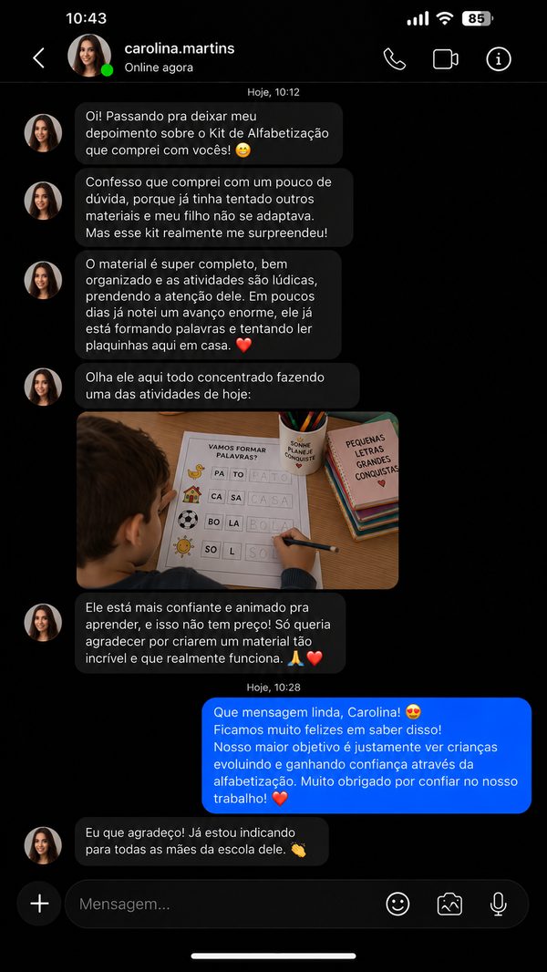 Depoimento de cliente 12 — Kit Alfabetização
