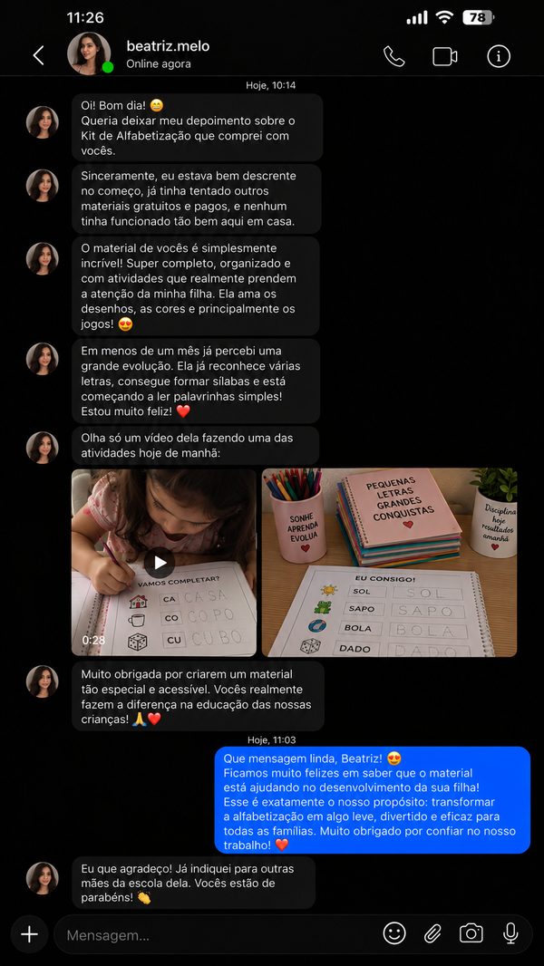Depoimento de cliente 16 — Kit Alfabetização